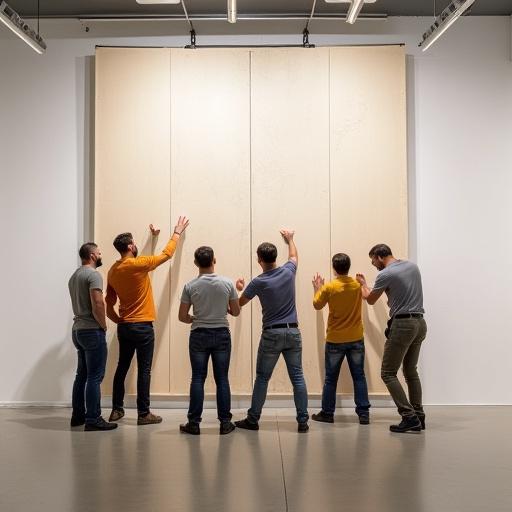 Il team di Aura Creativa che monta un'installazione artistica in una galleria.