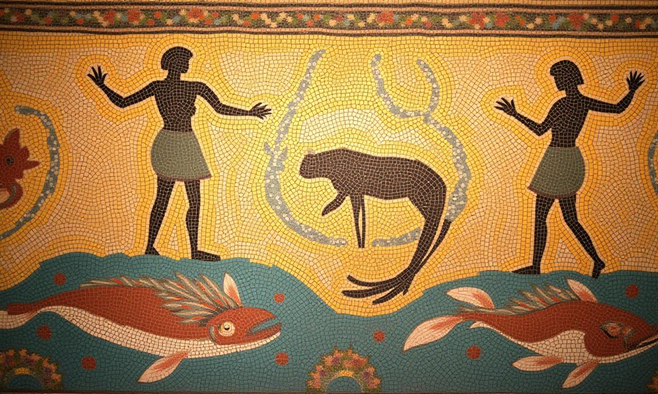 Dettaglio magnifico del restaurato mosaico della Villa Romana del Casale, con figure mitologiche e animali marini che risplendono sotto una luce calda.